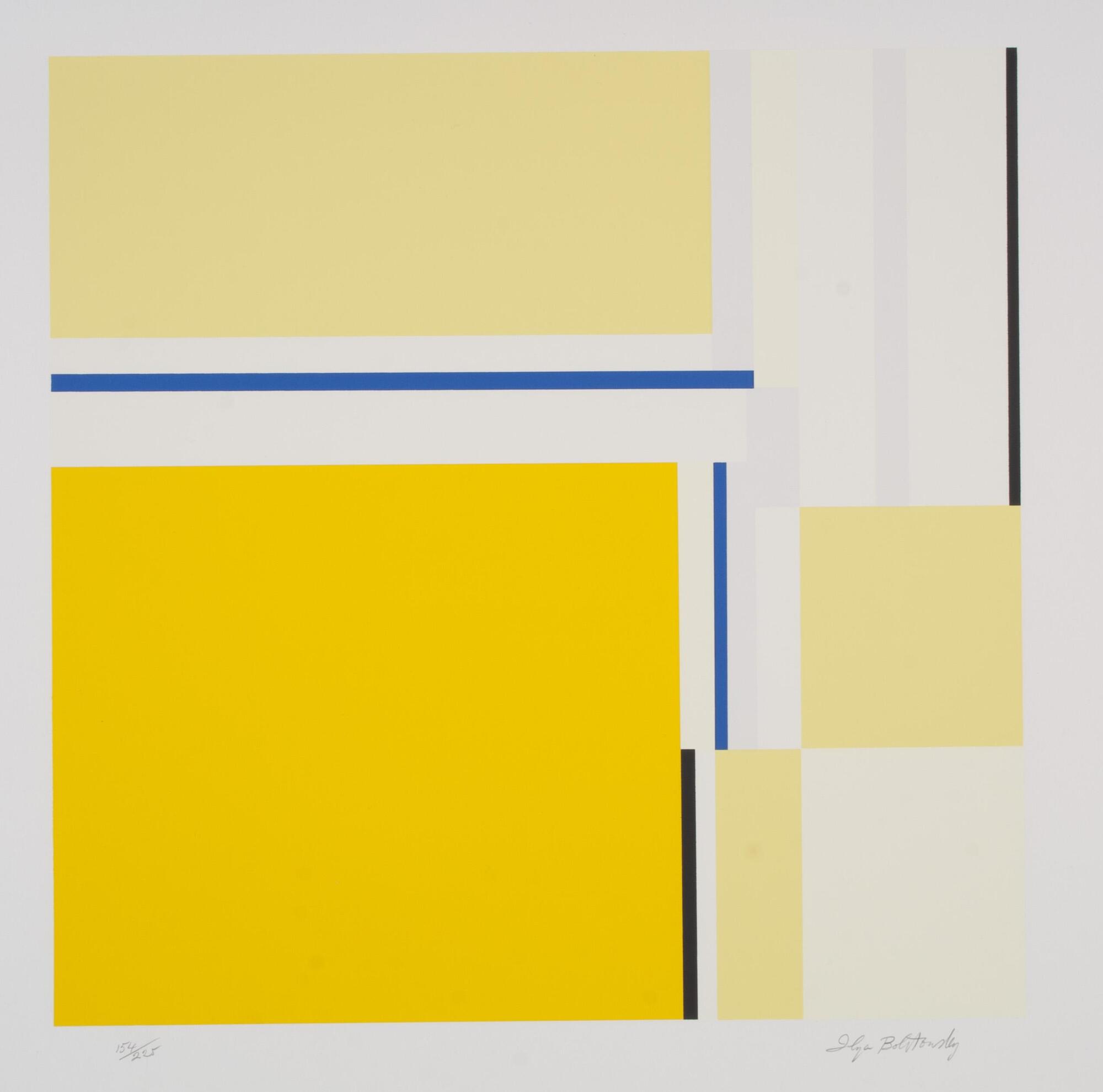 This screenprint has a number of large rectangular shapes spread throughout the whole composition: a large dark yellow square in lower left quadrant, a lighter yellow square and rectangles along top and lower right quadrant, and blue, black and white vertical and horizontal lines between the yellow components.