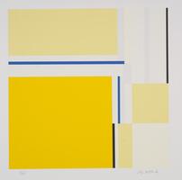 This screenprint has a number of large rectangular shapes spread throughout the whole composition: a large dark yellow square in lower left quadrant, a lighter yellow square and rectangles along top and lower right quadrant, and blue, black and white vertical and horizontal lines between the yellow components.