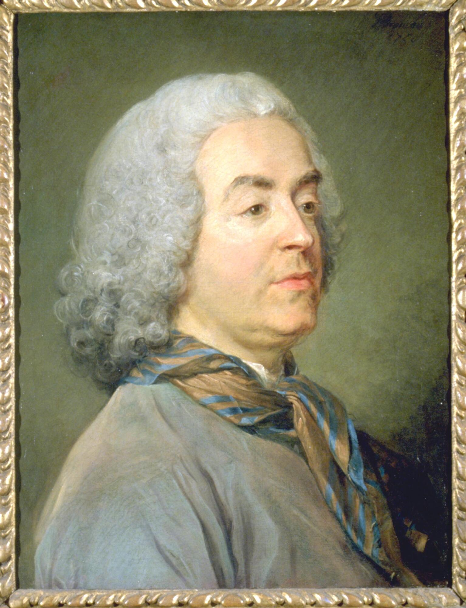 A man in a powdered wig is shown in a bust-length pose, looking to the right.  He is dressed in a silk coat with a blue and bronze-colored silk scarf at his throat.