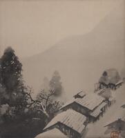 A print reproduction on paper this image shows a mountain village in the snow, as the title suggests. To the right is the village represented by six or so roofed buildings of two different styles looking over an overhang on the left. The overhang on the left shows large pine trees disappearing into the fog or mist as we move further back. The background shows a singular outline of a massive mountain in the distance. On the lower right corner is a vertical inscription and a red seal following it.&nbsp;
