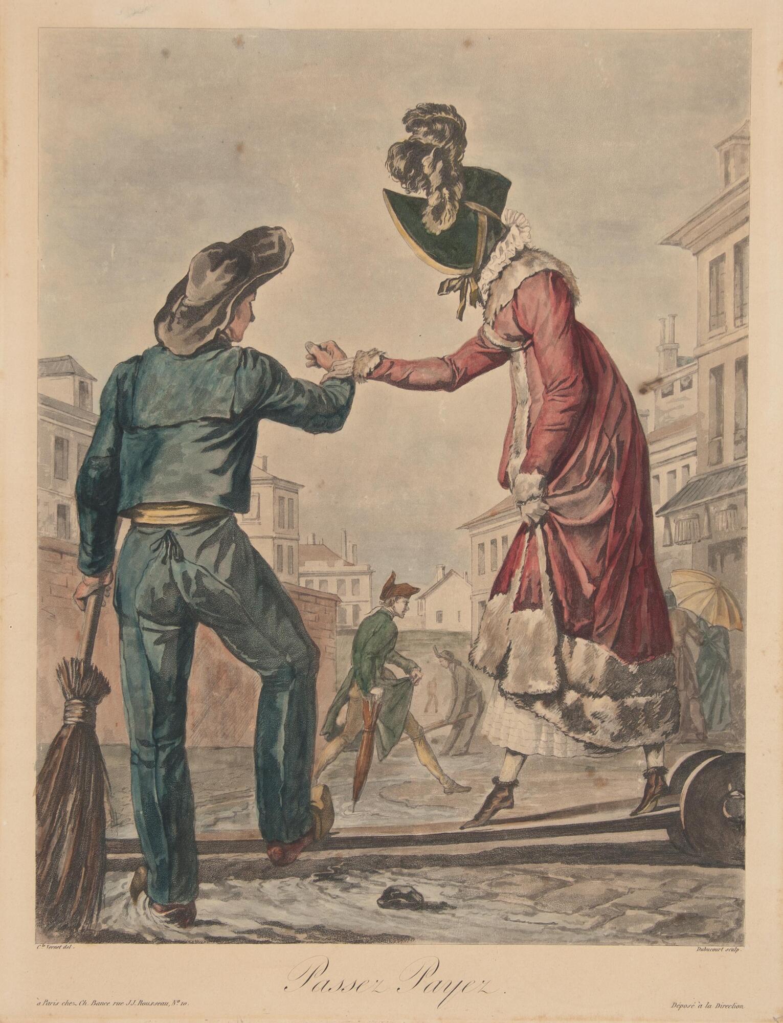 A man holding on to a woman&#39;s hand, helping her walk across. He is holding a broom in the other hand, she is wearing a formal dress. There is a busy street behind.