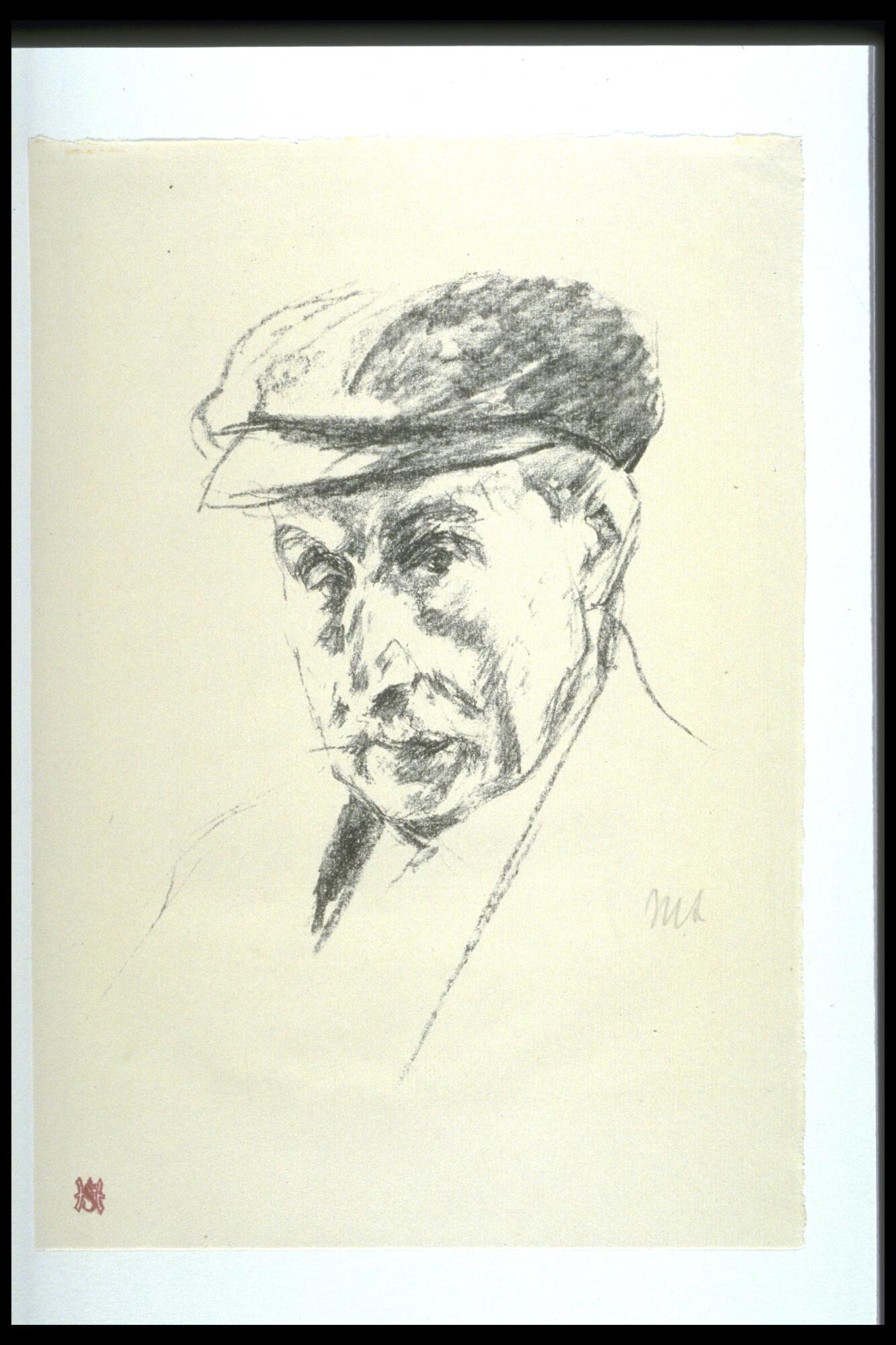 In this self-potrait, Max Liebermann appears to be in his elder years.  He sports a cap and coat, and his gaze seems slightly off to the side.