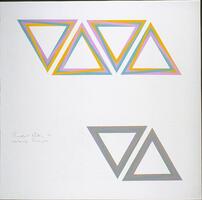 Drawing in pencil and gouache of four triangles. The four along the top alternate orientation, point ing down then up. They are  colored in yellow, lavender, and green. Along the bottom are small pencil sketches of triangular forms and two more painted triangles in darker shades of green, purple, and gold. The artist has signed and titled the work on the left side. On the verso is an inscription R 11-17.