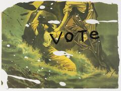 Image of two women, one standing and one sitting. The upper half of the standing woman is not visible. The word &#39;vote&#39; in black lettering is superimposed over the two women.&nbsp;