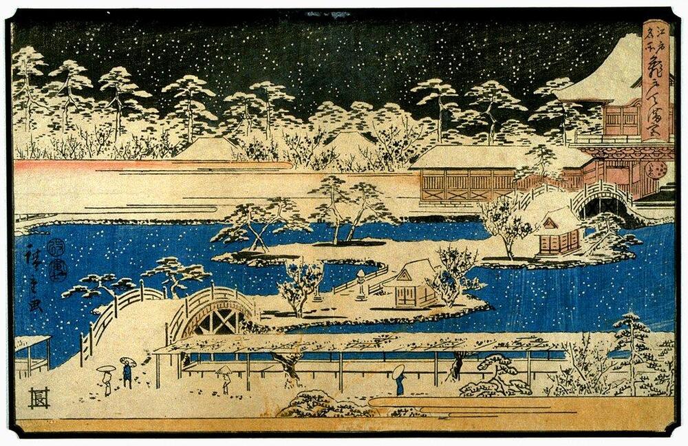 Night scene of bridges over the lake leading to the temple complex. The snow falls down from the sky and covers the bridges, roofs, and trees. There are several travelers walking with parasols.