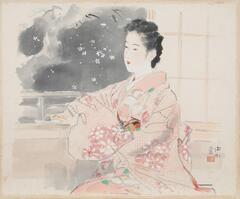 A woman in traditional Japanese dress, looking out of a window. She is wearing an understated pink kimono.