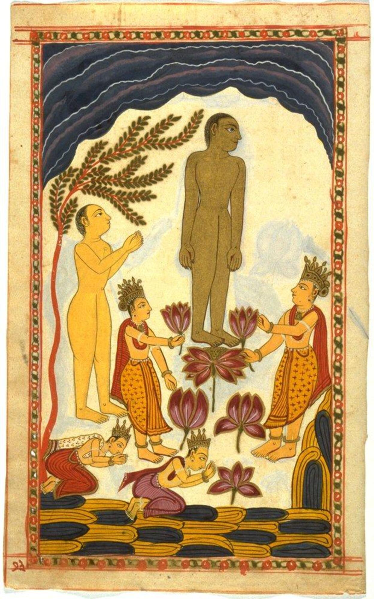 Nude (Jina, center) and a devotees (nude on left, and other clothed figures) depicted in a folio of a Jain manuscript.<br />
The image contains trees, lotus flowers and dark clouds. The the colors are composed of vivid reds, browns, yellows, greens and blues. The image is surrounded by a red and green pattereed border which resembles a chain.