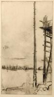 A tall post to the right of center bisects the composition. Adjacent, to the right, is scaffolding and a platform. In the foreground, a figure of a standing man has been erased from the plate. The foreground is at the water's edge, while in the distance, at the horizon, are the masts of ships and smoke coming from a chimney, to the right of the tall post.
