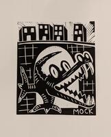 Printed in black, an alligator or crocodile sticks out of a tunnel, mouth open wide and full of teeth. Four buildings stand in the background. &quot;MOCK&quot; is printed in block letters in the bottom right-hand corner.