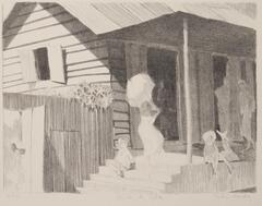 A print done in shades of gray of a home scene.  A woman wearing a dress and holding a sun umbrella walks up the side stairs of a simple covered porch attached to the front of a wooden house.  On the porch are two adult figures talking and three seated children, one of which sits on the stairs.  A tall wooden fence with a door extends the front face of the house, out of which a young girl walks.