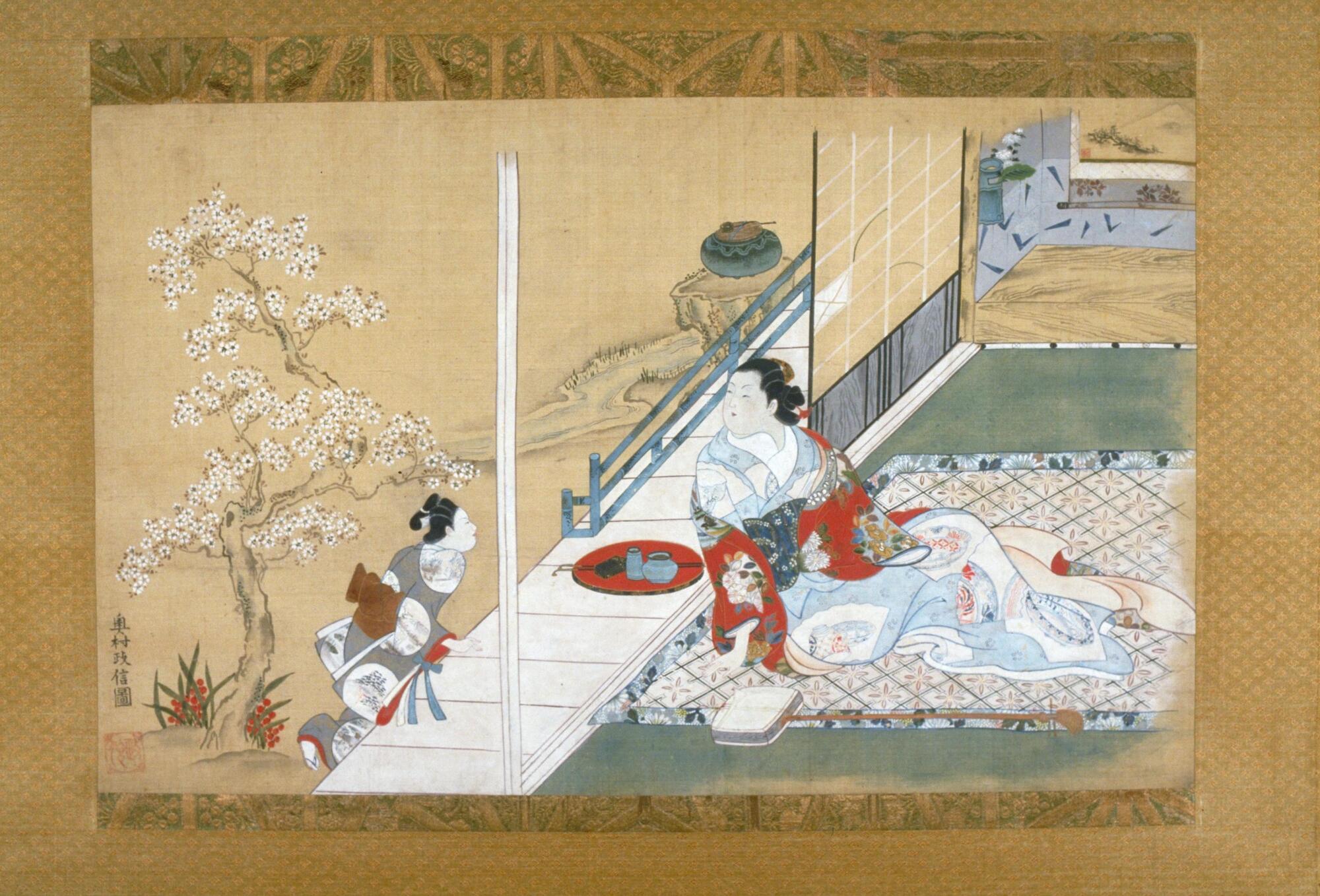 A colored image depicting a woman lounging in her chambers. She wears a kimono of red and blue with an artistic stylized pattern. Outside is a cherry tree blooming and the woman's young attendant in a grey kimono.