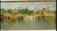 Horizontal view of harbor scene with water, dock, and boats. Small figures and trees on pier in middle ground. WMC painted in green in lower right corner.