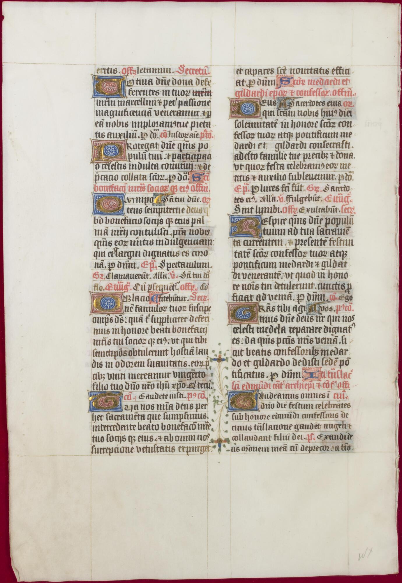 A double-sided illuminated manuscript leaf with two columns of black Latin&nbsp;blackletter script with some red rubrication and illuminated initials in red, blue, and&nbsp;gold leaf.