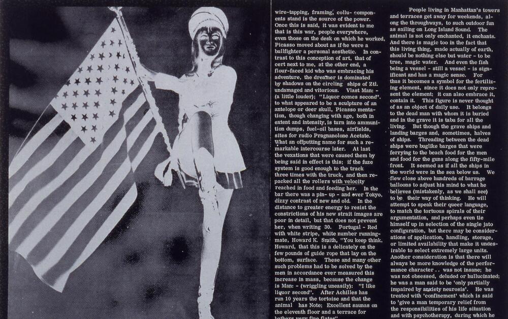 On this horizontally oriented print, we see a majorette-like female marching and carrying a U.S. flag on the left. On the right are two columns of text. 