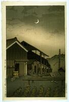 A crescent moon hangs in a gray sky above a Seto kiln. A figure with his back to the viewer walks alongside the kiln.