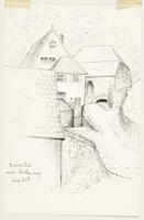 A drawing of houses situated on a winding road.<br /><br />
Eva Caston 2017