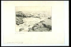 This horizontal print shows the surf pounding into a small cove framed by rocks. At the bottom of the page, inscribed in pencil is "N.G. unfinished."