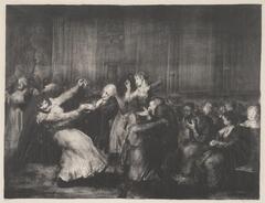 A group of people dancing, some people seated. A woman in a long dress dancing with a man is the focal point in the center.