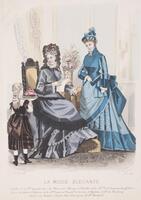 This colored engraving features what appear to be three generations of women in elaborate dress in an interior space. A young girl in a brown dress is positioned with her back to the viewer on the left of the composition. She presents an object to a woman in a blue-grey dress who is seated in the center of the composition holding a piece of paper in her right hand. A young woman in a dark and pale turquoise dress stands on the right of the composition looking down at the child. Between the two adult figures is a table decorated with a vase of pink flowers. <br />
