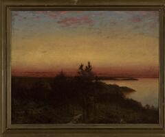Landscape painting of costal scene overlooking a body of water using an aerial perspective; three tree tops in center in darkened foreground in front of a glowing sky