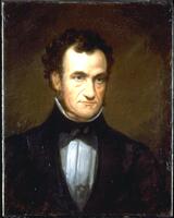 Bust-length portrait of man with dark curly hair, black jacket, and black cravat against a dark brown backdrop. Larson 2/5/18