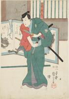 One figure stands with a green and red robe and two swords in front of a painted panel. The figure is looking to the viewer&#39;s left. The scene includes Japanese text.