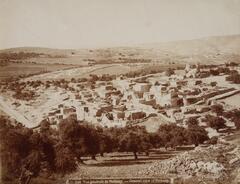General view of a town beyond a hedge of trees with fields and hills in the distance.