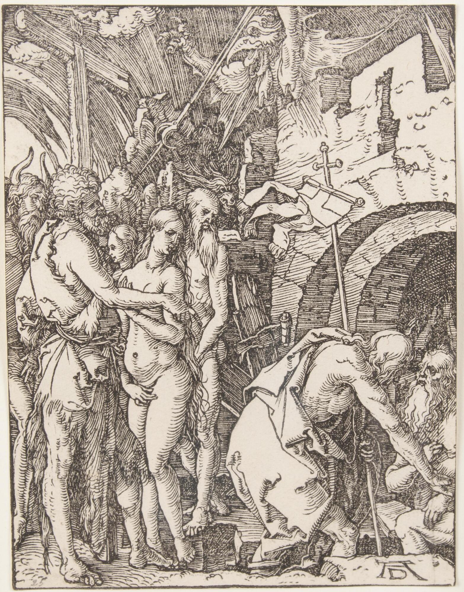 A group of figures at the left stand in a vaulted space under a cross. They look towards the lower right of the composition where a man holding a standard with a cross on top is bending forward and offering his hand to an old bearded man in an arched doorway. Above the doorway are several fantastical figures with beaked or animal heads and arms with claws. Signed in the block "AD", lower right, recto.