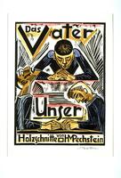 This title sheet from Pechstein&#39;s &quot;The Lord&#39;s Prayer&quot; portfolio has the title of the series in large letters and an attribution to Pechstein at the bottom. Beneath the word &quot;Vater,&quot; a man leans over a table, his hands folded in prayer. Two other praying men in profile bracket the word &quot;Unser&quot; near the bottom. All three wear plain, long-sleeved blue shirts.