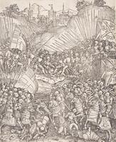 This woodcut features a multitude of armored figures streaming out of a walled town—the main gate of which is visible in the center background of the composition—into a hilly countryside as they engage in battle. Nearly every figure carries a lance. Several figures in the foreground are on horseback and encounter an opposing group in battle. Figures on the left and right edges of the composition carry differing raised flags. <br />