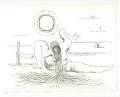 This etching depicts a nude woman, whose legs are open and arms distorted. Where her face should be, a wave of lines pour out. In the background, there is a barren landscape and a sun-like orb above. The print is titled, numbered, signed and dated in pencil and the bottom of the page.