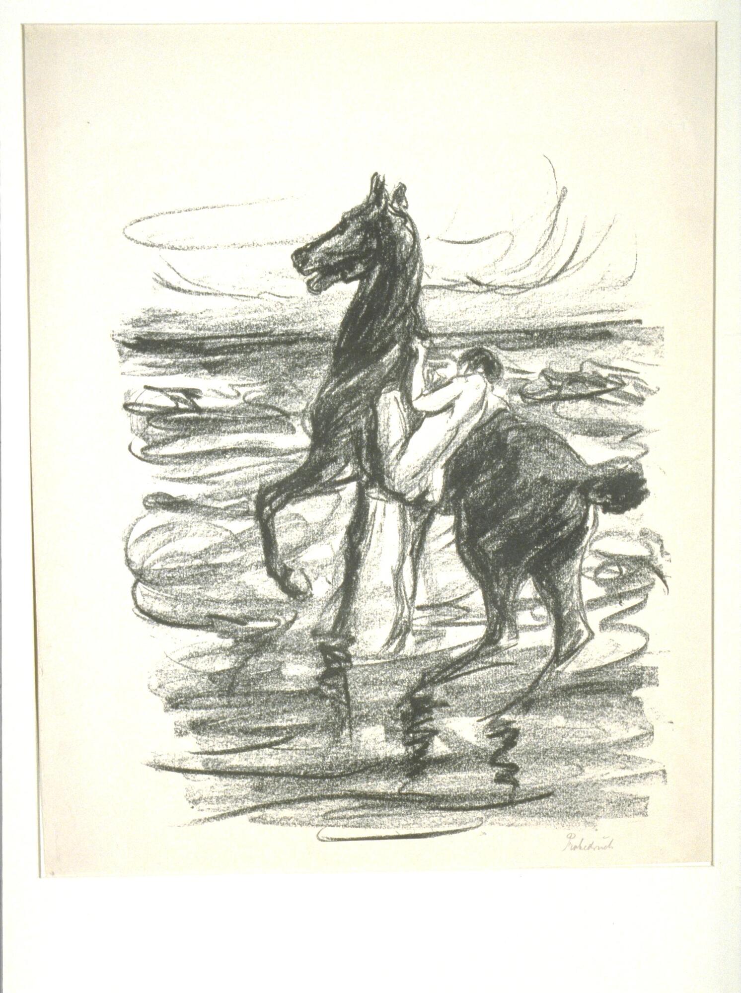 At the center of the lithograph, there is a nude man trying to get on a horse. The man's bent leg appears to be placed firmly against the horse's side and his body is pushed against its back. In the background, there is a strong set of horizion lines and the forground scene is enveloped in think and sketchy lines.