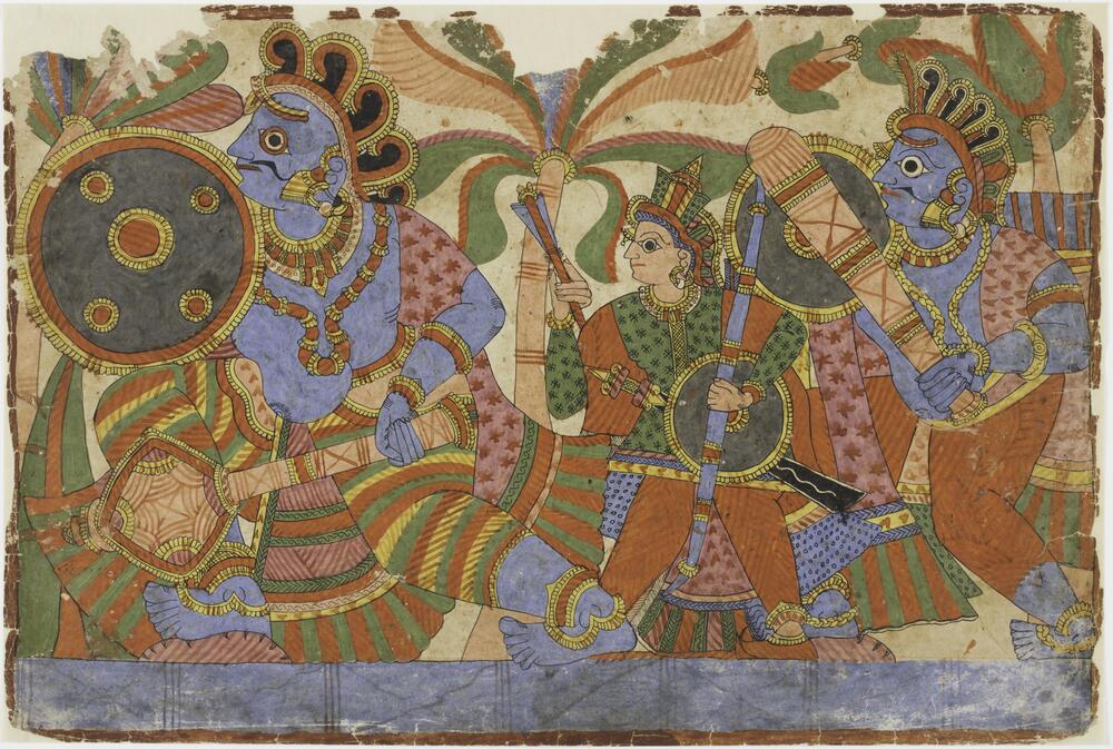Three warriors march forward, taking up nearly the entire frame. Blue soldiers carring weapons and shields bring up the front and rear. They appear to move through a stylized tree landscape.