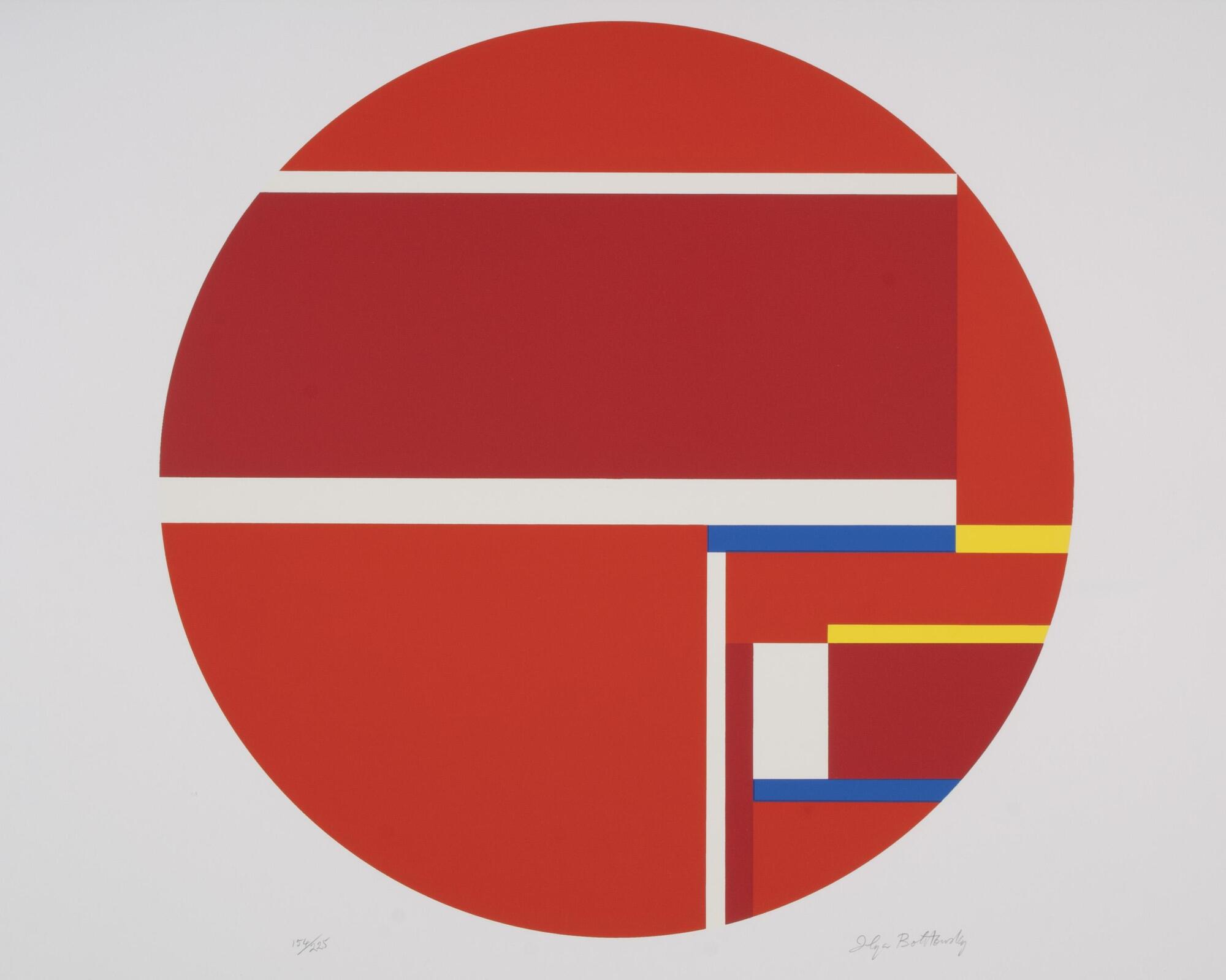 In this abstract screenprint, a large red circle is broken up by vertical and horizontal white lines. In addition, there are horizontal yellow and blue lines in the bottom right portion of the circle. The page is signed (l.r.) "Ilya Bolotowsky" and numbered (l.l.) "154/225" in pencil.