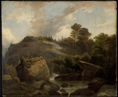 This landscape painting depicts a rocky hillside beneath a blue sky and towering cloud formations. In the foreground area, a stream flows between boulders and cascades over rocks. There is a large square boulder with the roots and stump of a dead tree. The right side of the painting has green vegetation along the edege of the stream and tall green-leafed trees further back on the side of the hill. On the left, beyond the hill, there is a glimpse of far distant mountains. This scene is painted in warm tones of green and brown in a realistic manner. Patches of sunlight highlight areas of the hillside, boulders and the stream.