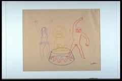 This work is a crayon drawing of a circus scene. On the left is a woman drawn in lavender. She wears a tutu and raises both arms above her head. In the center, a lion drawn in yellow, sits on a blue and red stand. To the right is the figure of a man, drawn in red, standing with his legs spread apart and his right arm raised over his head. All figures are simple outline drawings.