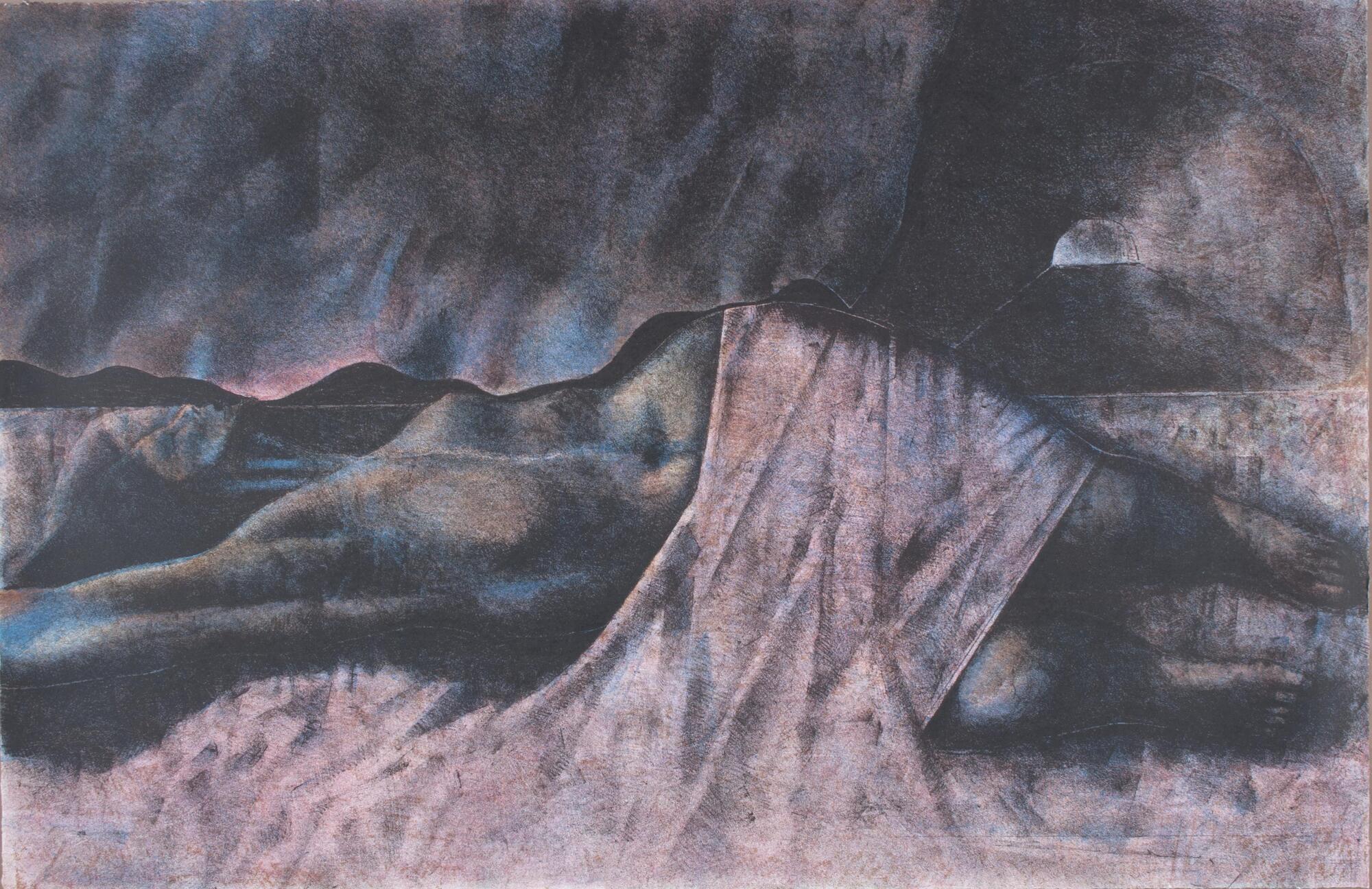 Horizontal image filled by reclining female nude, legs and feet to the right, torso and head to the left. The figure's torso lower torso to the knees covered with pink sheet. 