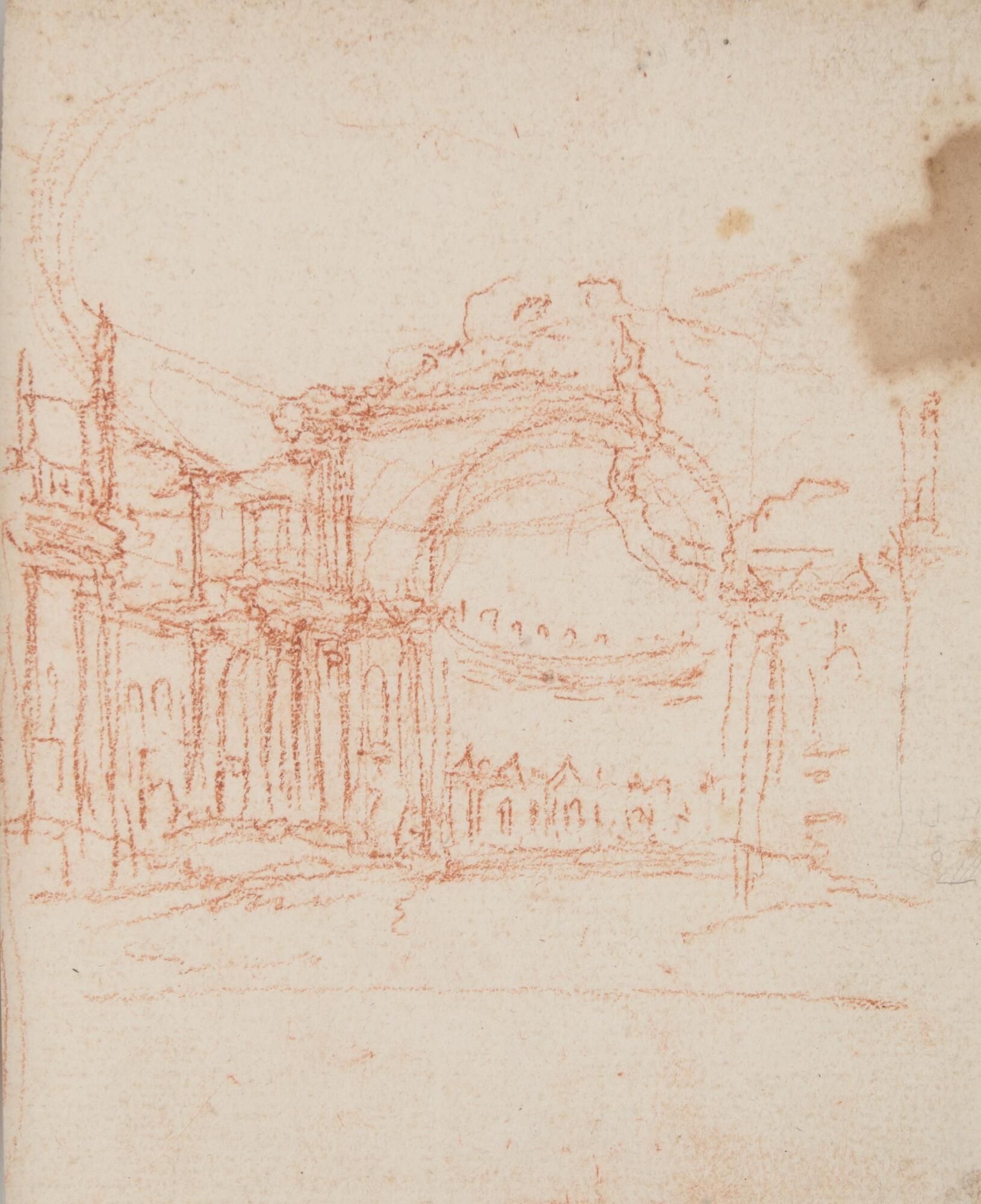 A sketch of ancient ruins. At the center is a colonnaded apse that has partially collapsed. To the left, there are a series of columns. On the reverse, there is a sketch of a sculpture.