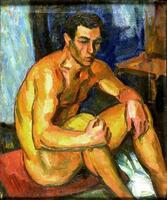 A male nude sits on an orange pillow with his knees up and hands on them. The figure, which fills much of the space, is in an interior. The walls, a doorway, and a chair are visible.