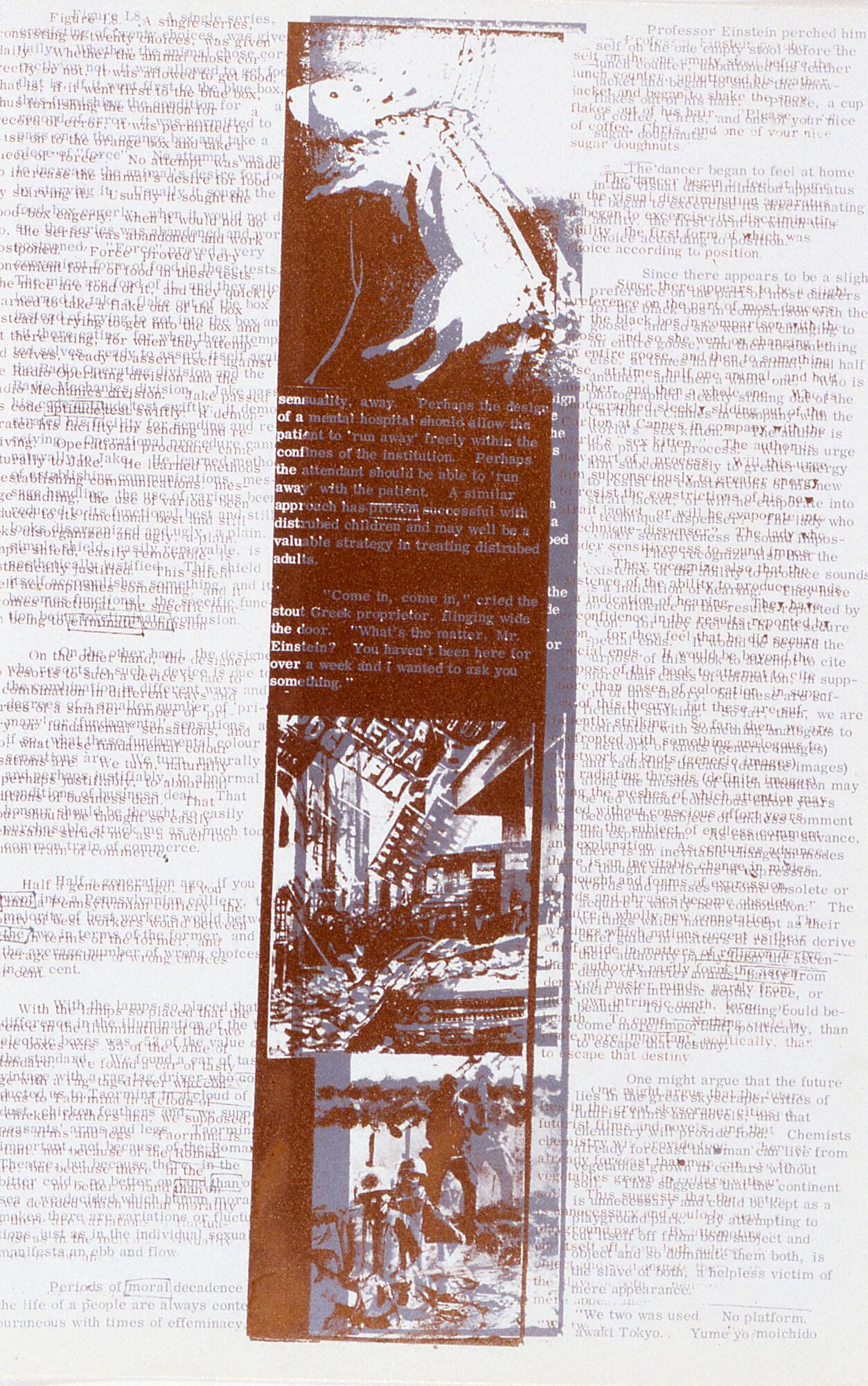 This vertically oriented print shows a two color print in which the colors are out of register. There are three columns, the two outer columns are text and the inner column is images. 