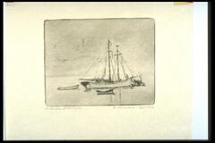 This print shows a two-masted schooner at anchor, with several rowboats in orbit around it. 