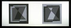 On a long white horizontal piece of paper are two squares. The square on the left is black and the one on the right, grey. On each square is a design of a square pushed askew on its diagonal axis with shades of black, white and grey in the shapes created by the overlapping planes.