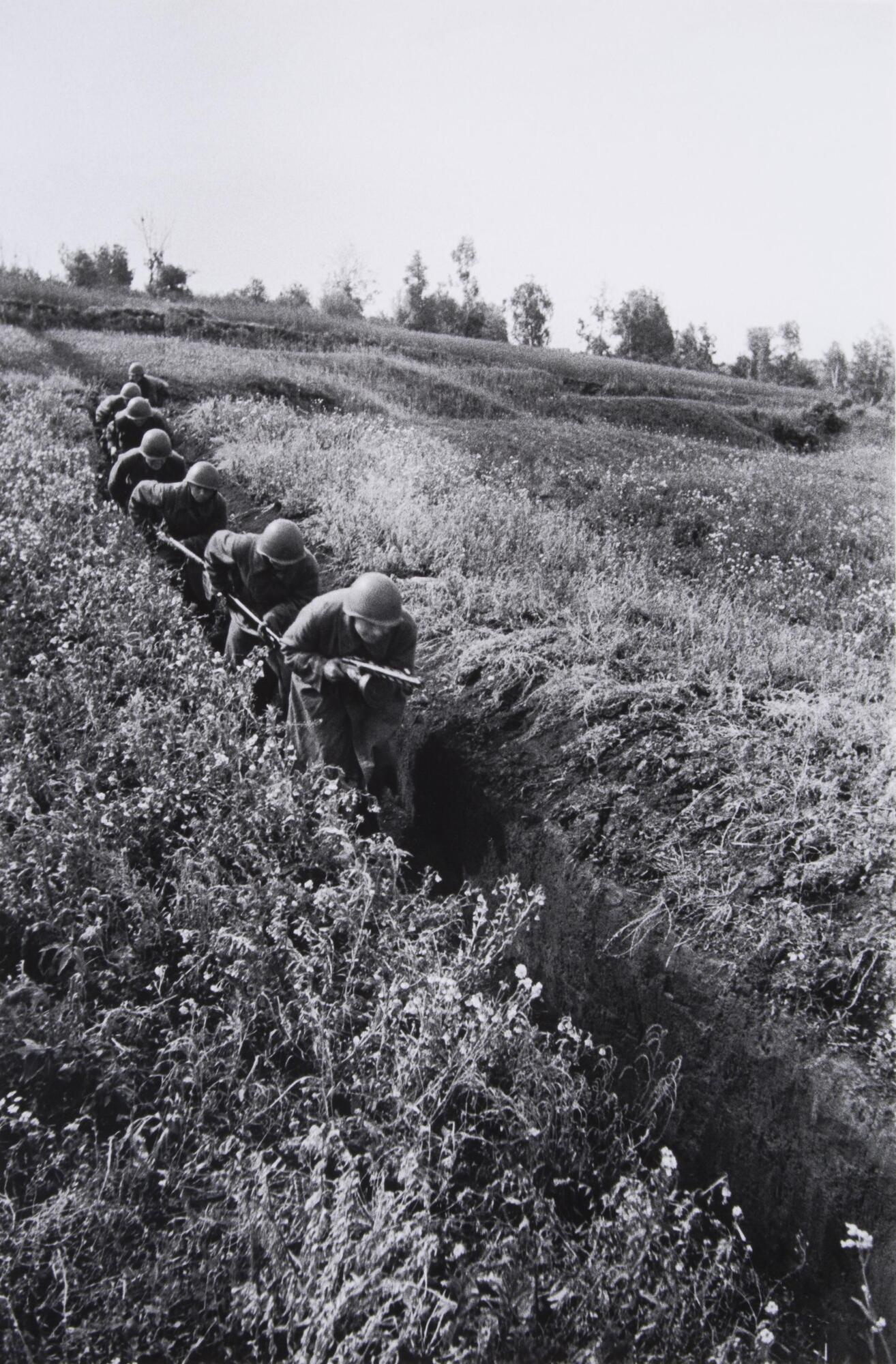 Seven soldiers form a single-file line as they crouch in a shallow trench dug into a field.