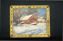At the center of the painting, there is a red barn surrounded by snow covered ground. There are large trees on both sides of the barn, and a yellow house in the background. 