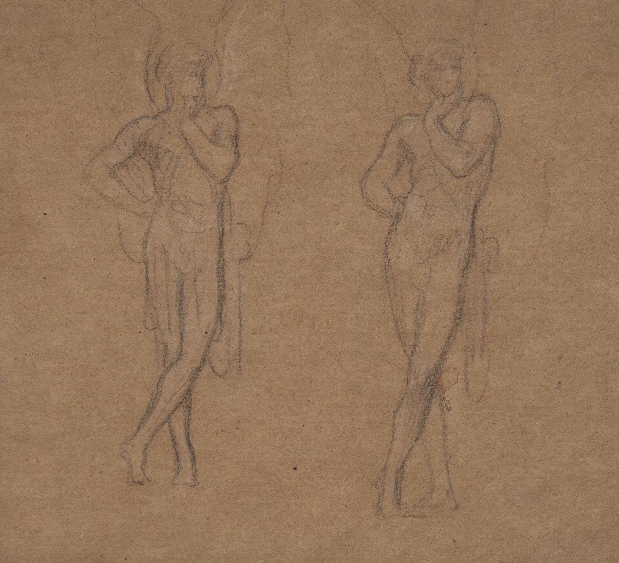 A drawing of two angels side by side in almost the same position.