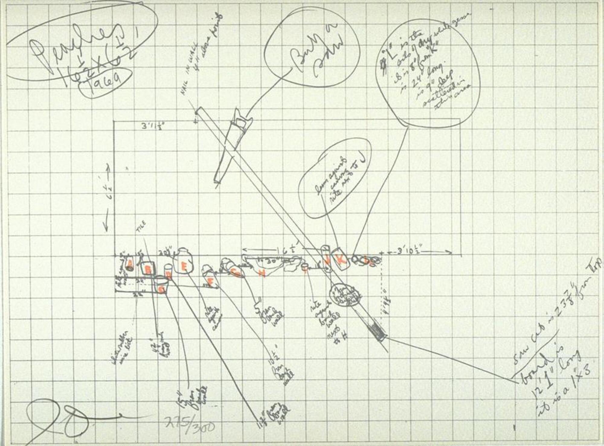 A print of diagrams and measurements on grid paper. In the upper lefthand corner, the title &quot;Peaches, 1969&quot; is written and circled.&nbsp;<br />
<br />
EC 2017