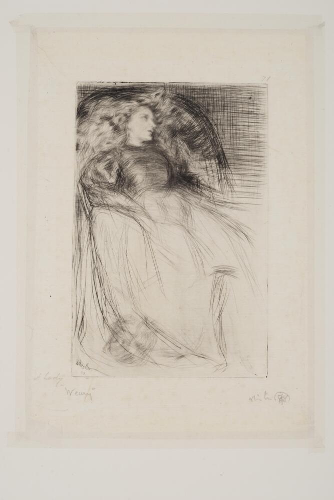 A woman, leaning back in a curved armchair, sits at an angle to the viewer. Her face is presented in nearly strict profile, looking to the right; her long, waving hair cascades around her, framing her face. Her right arm is in her lap and her skirt is only lightly sketched in. At the lower left corner, another sketch of a woman&#39;s head (seen upside down) is visible.