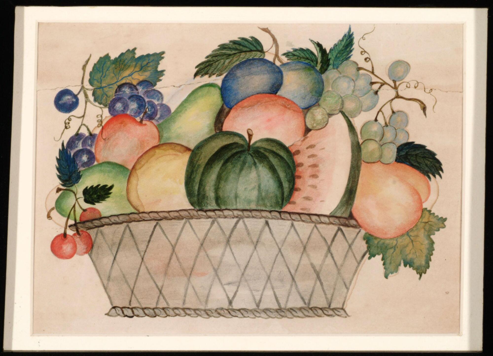 A gray basket containing a composition of produce including a sliced watermelon, a whole green pumpkin, peaches, cherries, grapes, pears, and plums.