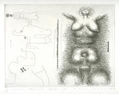 This print shows two views of nude women separated by a partial line in the center. The figure on the right is facing out and more naturalistically rendered, yet her body has missing parts of its torso. On the left, the figure is in profile and drawn using sparse lines to outline the general shape of the gendered attributes and is more abstracted. The print is titled, numbered, signed and dated in pencil at the bottom of the page. 