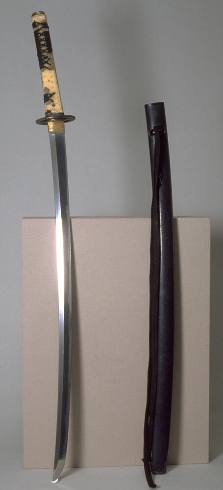 The sword is long and slightly curved; the handle cover is wrapped with black cords, mostly worn out. The round tsuba (sword guard) is made of steel and has two holes. The scabbard is painted with lacquer and has a string for hanging. There is a pair of lion-shaped menuki (fitting) on the handle.